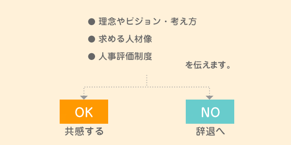 理念やビジョン・考え方、求める人物像、人事評価制度を伝えます。